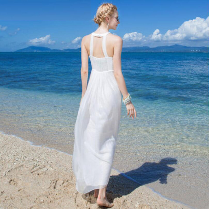 Women 100 Silk dress Beach dress 100% Natural Silk Solid White dress Holiday summer dresses